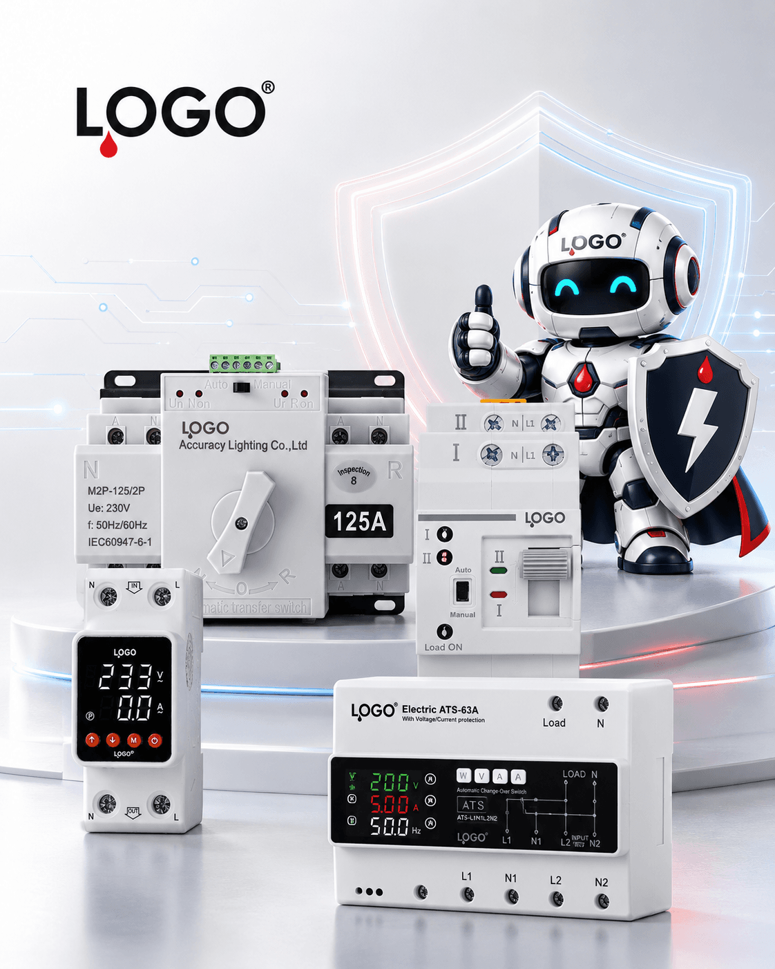 LOGO electrical protection products with the LOGO guardian mascot