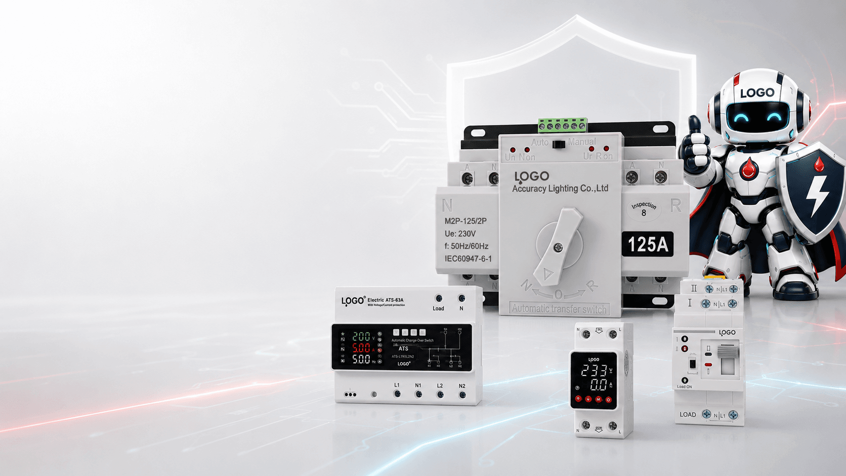 LOGO electrical protection products with the LOGO guardian mascot